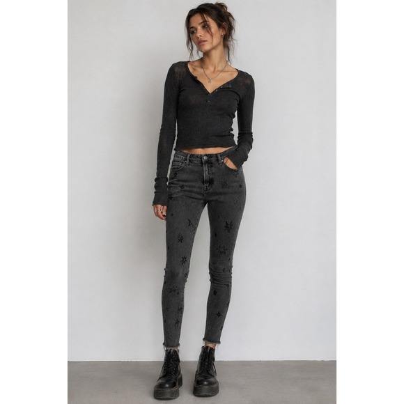 MOTHER Denim - MOTHER Gray Star Embroidered Raw Hem Skinny Jeans Womens 27 Ankle Denim